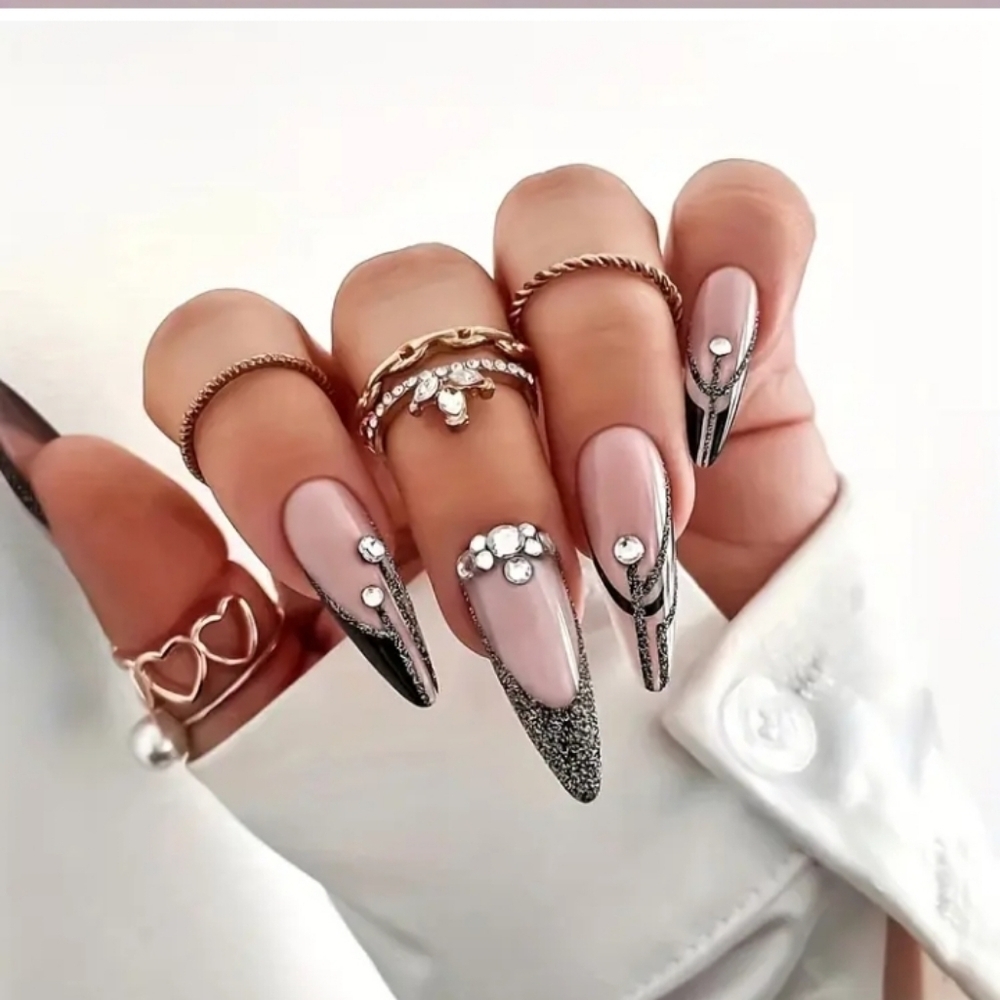 🔥3/$21 Pink / Black Geometric design with Rhinestones Press on False nails